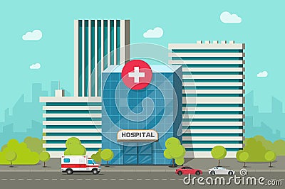 Hospital building vector illustration, flat cartoon modern medical center or clinic on city street clipart Vector Illustration