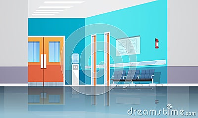 Hospital corridor waiting hall with information board chairs lift and doors empty no people clinic interior flat Vector Illustration