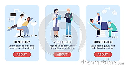 Hospital department vector illustration design banner set with doctor virologist, dentistry tooth healthcare, obstetric Vector Illustration