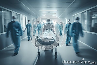 Hospital emergency team rush patient in clinic corridor. Generative AI Stock Photo