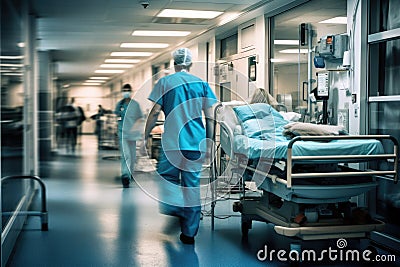 Hospital emergency team rush patient in clinic corridor. Generative AI Stock Photo