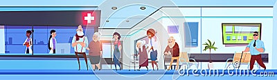 Hospital Hall Interior Patients And Doctors In Clinic Waiting Room Horizontal Banner Vector Illustration