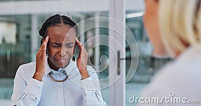 Hospital, headache or black woman consulting doctor for with worry or examination or neuro questions. Healthcare Stock Photo