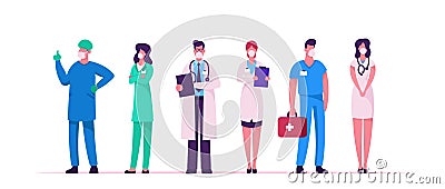 Hospital Healthcare Staff, Doctor Characters in Medical Masks and Robe during Covid19 Pandemic Vector Illustration
