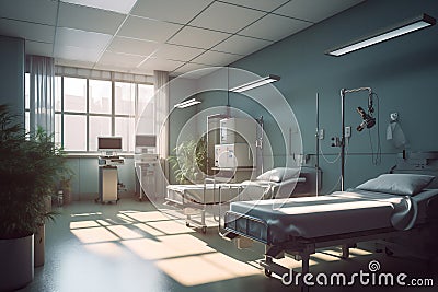 Hospital intensive care ward with empty beds. Modern clinic with advanced equipment. Best medical healthy treatment Stock Photo