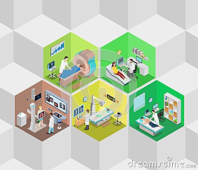 Hospital interior diagnostics clinic flat isometric vector 3d Vector Illustration