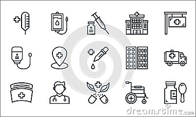 Hospital line icons. linear set. quality vector line set such as syrup, pills, nurse, wheelchair, doctor, infuse, tablets, Vector Illustration