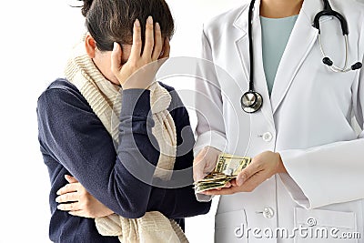 Hospital and medical expenses, Woman patient face-palming worried about medical fee charges for disease treatment. Stock Photo