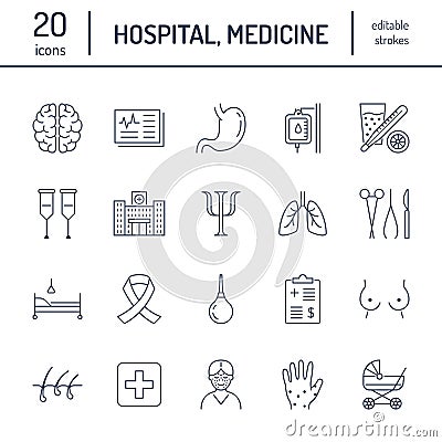 Hospital, medical flat line icons. Human organs, stomach, brain, flu, oncology, plastic surgery, psychology, breast Vector Illustration