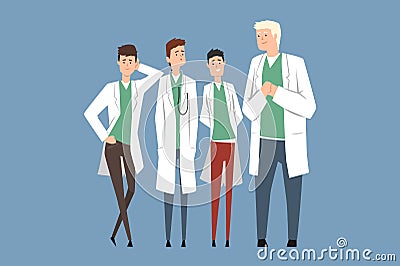 Hospital medical staff, doctors team. Flat men characters in medical white coats and uniform. Teamwork. Professionals Vector Illustration