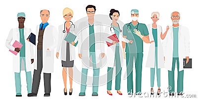 Hospital medical staff Team doctors together. Group of doctors and nurses people character set. Vector Illustration