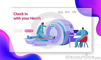 Hospital Mri Machine for Patient Brain Scan Landing Page. Doctor Research Man Character Health with Computer Tomography Vector Illustration