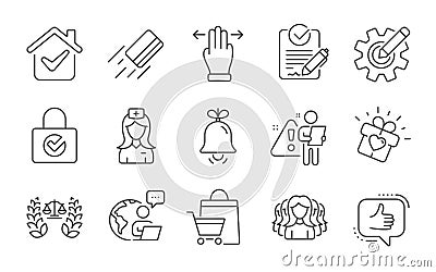 Hospital nurse, Rfp and Justice scales icons set. Sale bags, Women group and Bell signs. Vector Vector Illustration