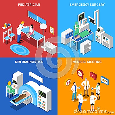 Hospital Patient 4 Isometric Icons Square Vector Illustration