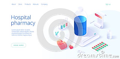 Hospital pharmacy or drug store concept in isometric vector illustration. Pharmaceutics or chemical lab background with medicines Vector Illustration