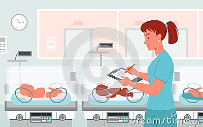 Hospital preterm baby incubator, neonatal healthcare, neonatologist works to care infant Vector Illustration