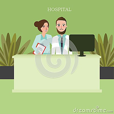 Hospital reception front desk customer services clinic worker staff Vector Illustration