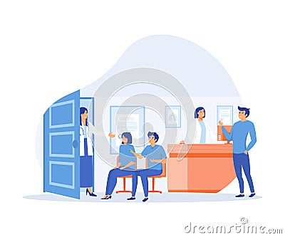 Hospital reception good work in clinic hall to help, assist patients. health facility to provide high quality healthcare service Vector Illustration