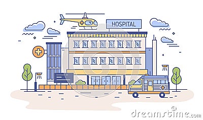 Hospital, rehabilitation center or emergency department building with helicopter landing on top of it and ambulance Vector Illustration