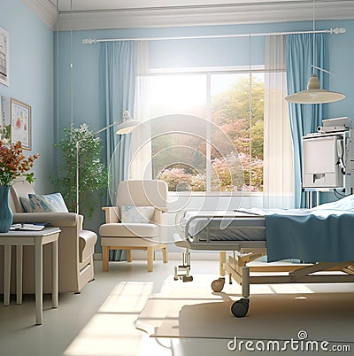 A hospital room with a blue bed and a blue blanket on the bed and othe interior Stock Photo