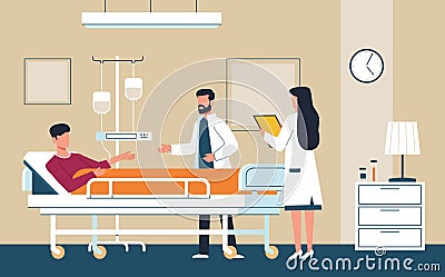 Hospital room. Doctor in uniform and nurse provide medical care patient in intensive therapy ward lying on bed Vector Illustration