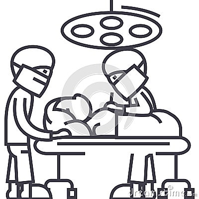 Hospital room with doctors,surgery operation vector line icon, sign, illustration on background, editable strokes Vector Illustration