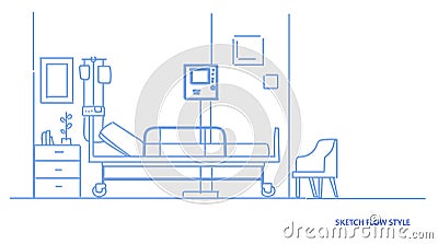 Hospital room interior intensive therapy patient ward with bed empty no people doctor office sketch flow style Vector Illustration