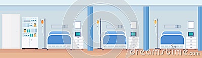 Hospital room interior intensive therapy patient ward with medical tools row of nursing care bed empty no people modern Vector Illustration