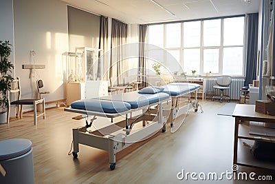 A hospital room with three beds and a potted plant, providing a calm and comfortable healing environment., Modern rehabilitation Stock Photo