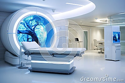 A hospital room with a tree in the window, providing a healing environment with calming natural light, High-tech modern CT scan Stock Photo