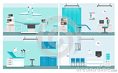 Hospital rooms flat vector illustrations set. Doctor office cartoon interior design pack. Medical center waiting room Vector Illustration