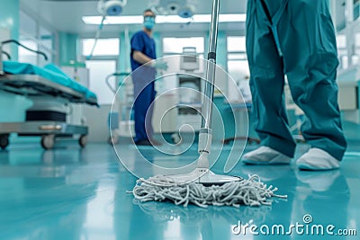 Hospital sanitation staff mopping the floor with a focus on cleanliness Stock Photo