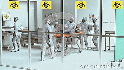 Hospital scene, hospitalization for emergency contagion risk. Coronavirus. Doctors in protective suits and masks to cover the face Stock Photo
