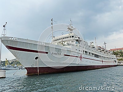 The hospital ship `Yenisei` is one of four unique ships created in the 80s of the last century by order of the command of the USSR Editorial Stock Photo