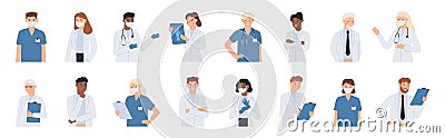 Hospital staff. Doctors in white coats portrait, nurse in face mask and medical student in scrubs. Doctor with Vector Illustration