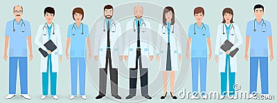 Hospital staff. Group of nine men and women doctors and nurses. Medical people. Vector Illustration