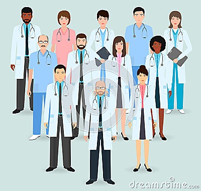 Hospital staff. Group of twelve men and women doctors and nurses. Medical people. Flat style vector illustration. Vector Illustration