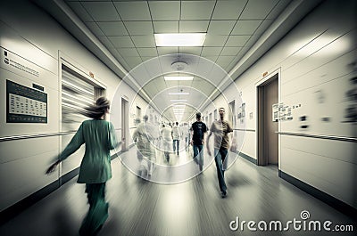 Hospital Staff Rushing Down a Busy Hallway - Generative AI Stock Photo