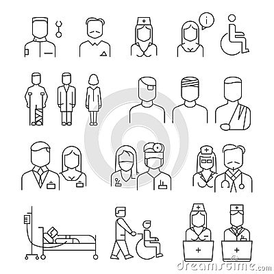 Hospital staff thin line icons set Vector Illustration