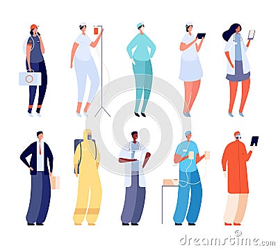 Hospital team. Woman medical uniform, health specialist. Flat administrators, doctors and nurse. Cartoon clinic staff Vector Illustration