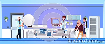 Hospital Ward With Group Of Mix Race Doctors Examining Old Male Patient Vector Illustration