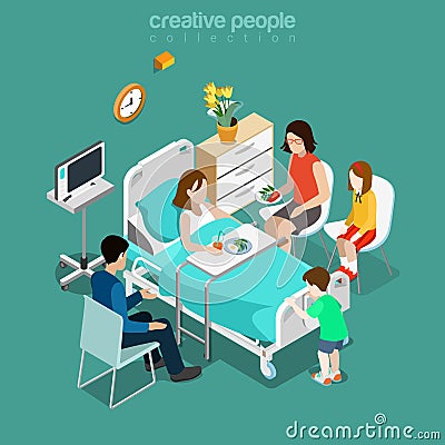 Hospital ward patient bed family care flat isometric vector 3d Vector Illustration