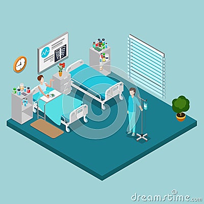 Hospital ward patient bed nurse care flat isometri Cartoon Illustration