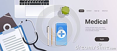 Hospital worker table online mobile app top angle view doctor workplace desktop with laptop smartphone stethoscope and Vector Illustration