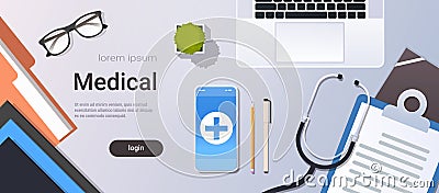 Hospital worker table online mobile app top angle view doctor workplace desktop with laptop smartphone stethoscope and Vector Illustration