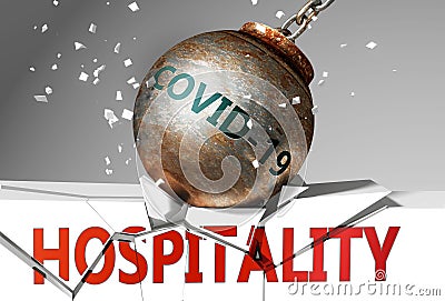 Hospitality and coronavirus, symbolized by the virus destroying word Hospitality to picture that covid-19 affects Hospitality and Cartoon Illustration