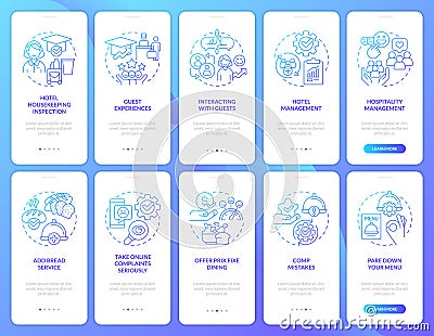 Hospitality industry trends blue gradient onboarding mobile app screen set Vector Illustration