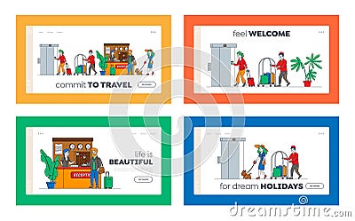 Hospitality Landing Page Template Set. Characters Arrive, Leave Hotel People at Reception Take Keys from Room Vector Illustration