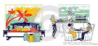 Hospitality and Room Service Concept. Male Female Characters Have Breakfast Sit at Table, Girl Call on Reception Vector Illustration