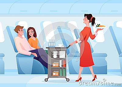 Hospitality service in airplane, cartoon stewardess working, serving passenger couple people Vector Illustration